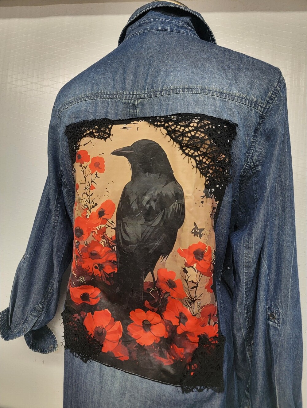 Raven & Red Poppies Denim Shirt - Shacket Handcrafted Upcycle